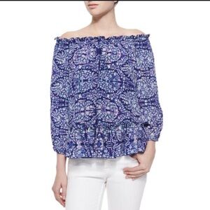 Rebecca Taylor Indigo Floral Paisley Silk Off the Shoulder Blouse. Size 4